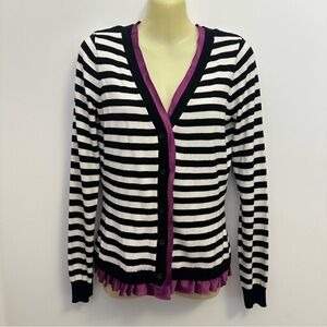 ELLE Black and White Striped Cardigan with Purple Satin Trim size S